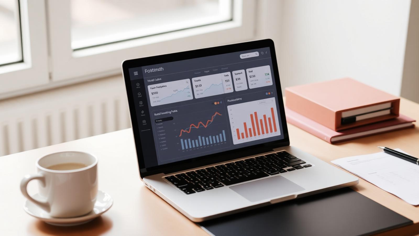 Bärbar dator som visar hotellens intäktsdashboard med grafer