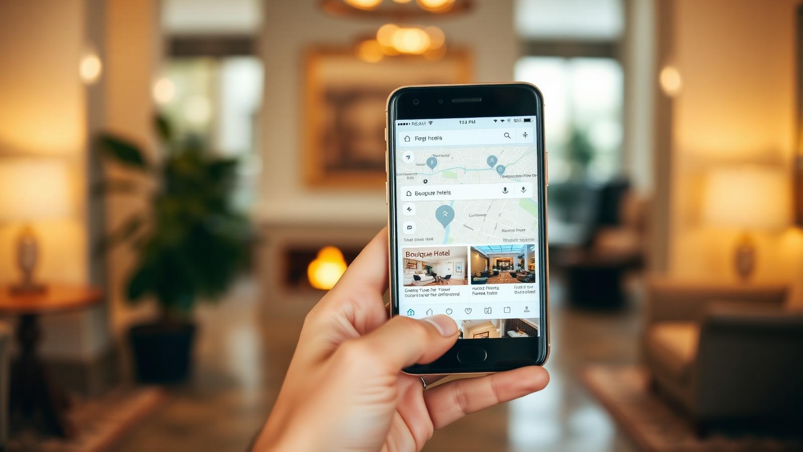 Smartphone som visar Google-sökresultat för hotell med karta